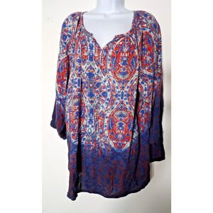 Avenue Tunic Top Shirt 22/24 Boho Paisley Floral Red Blue Peasant V Neck Rayon